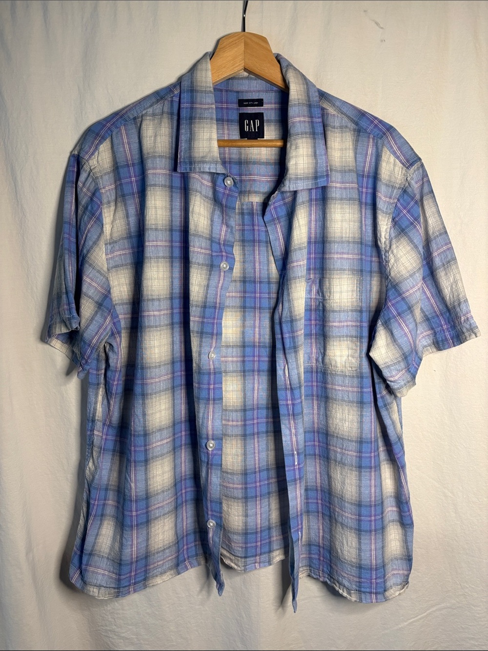 Gap short sleeve button down shirt Mens M linen cotton - purple blue plaid